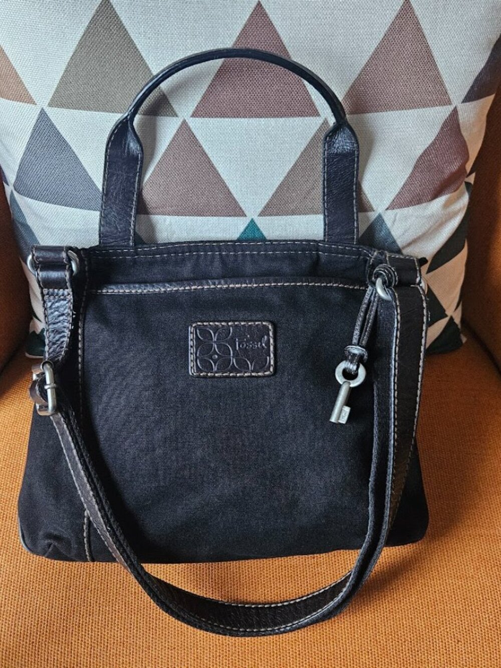 FOSSIL Vintage Black Leather & Canvas Shoulder Bag / Crossbody